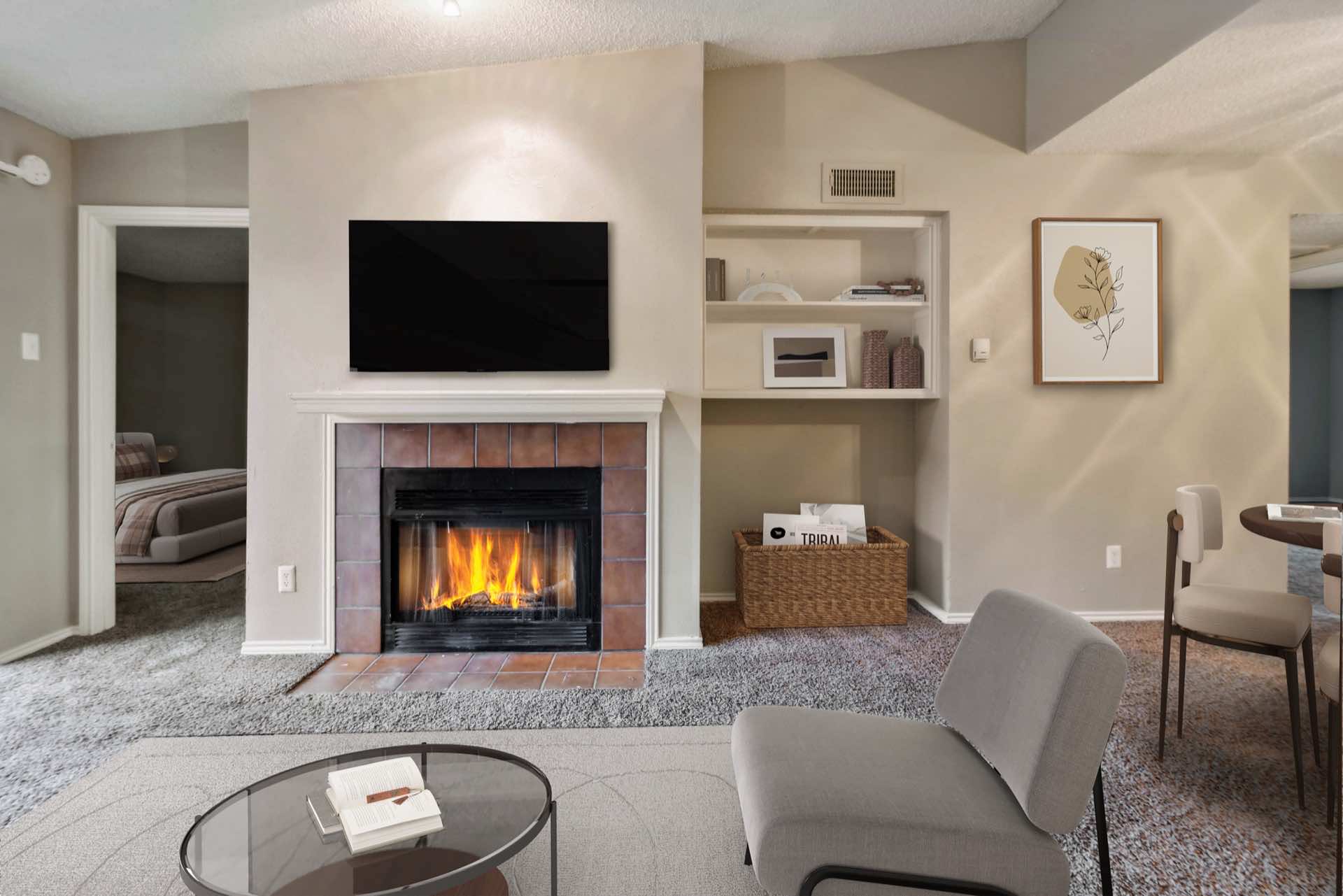 Fireplace and built-in shelves